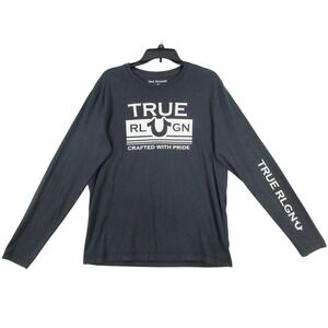True‎ Religion Mens Long Sleeve Graphic T-Shirt Black Horseshoe Logo Size Large
